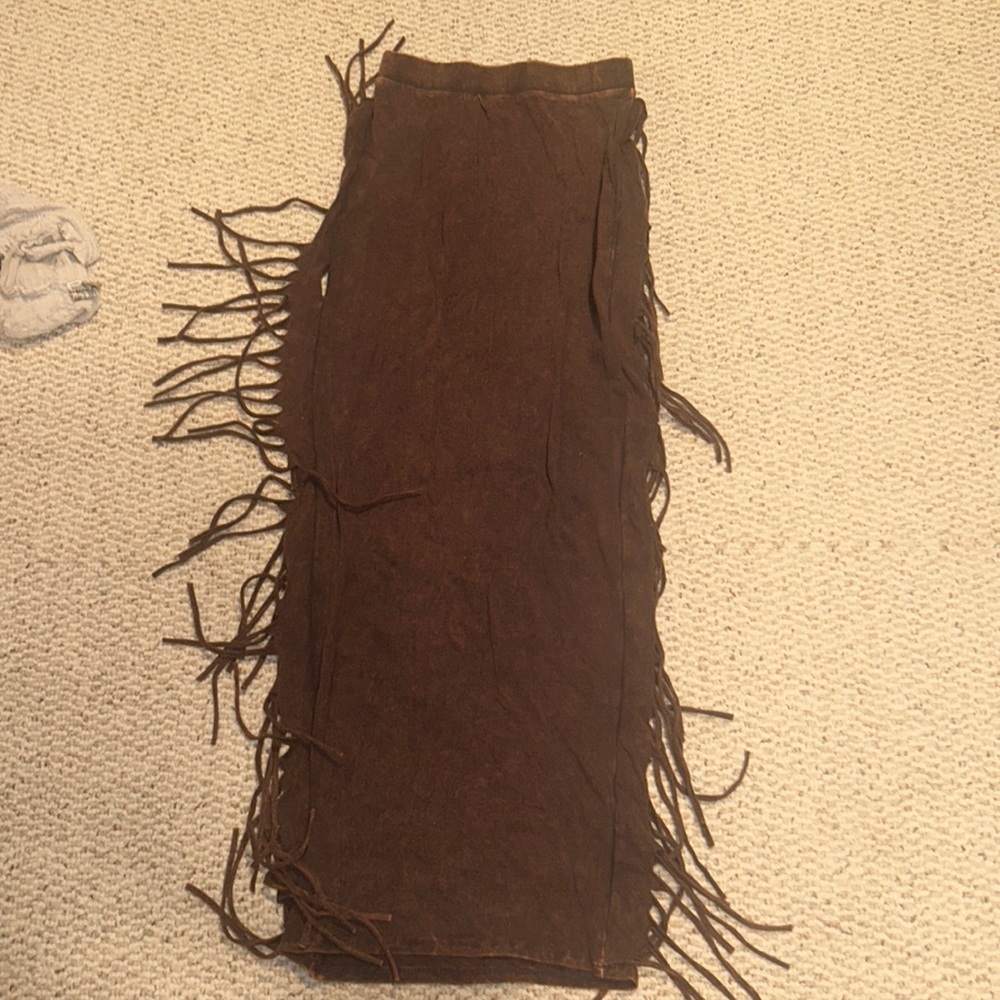 brown fringed long skirt